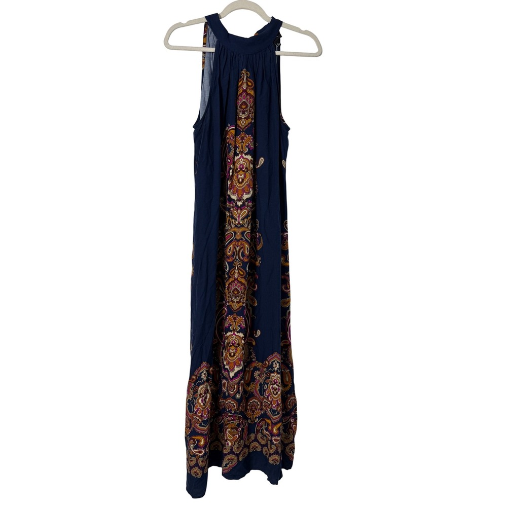 MSK Maxi Dress Womens L Navy Paisley Halter Tie Back Rayon Excellent Side Slit